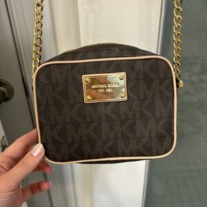 Michael Kors brown/tan/gold leather crossbody